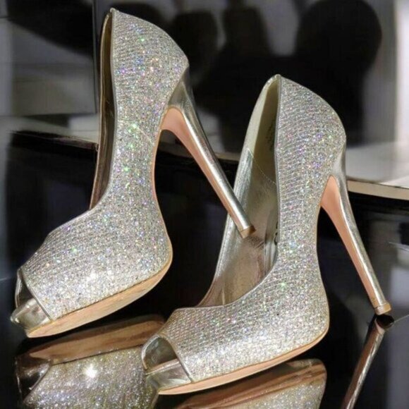 Silver Glitter Heels ✦ Deb Peep-Toe Stilettos ✦ Formal 4” High Heel Size 7 EUC - Picture 10 of 14